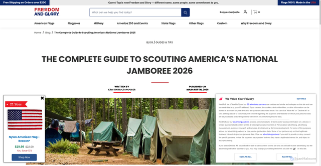 Security scan screenshot of https://www.freedomandglory.com/blog/the-complete-guide-of-the-national-scout-jamboree-event?srsltid=AfmBOoqWeDLNKMq344aNezZams0u5N5G4AFt5kHLATClmpuDLx2lFgeM