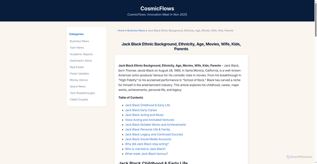 Security scan screenshot of https://cinemadream-cha6al.pages.dev/jack-black-ethnic-background-ethnicity-age-movies-wife-kids-parents/2299859