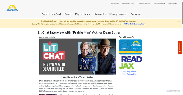 Security scan screenshot of https://jaxpubliclibrary.org/blog/lit-chat-interview-prairie-man-author-dean-butler