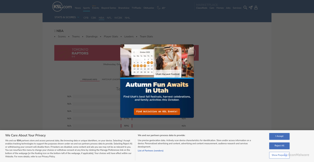 Security scan screenshot of https://scoreboard.ksl.com/boxscore/nba/2914284/pregame-info/Atlanta%20Hawks-vs-Toronto%20Raptors