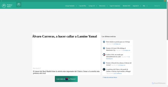 Security scan screenshot of https://www.football-addict.com/es/article/inicio/alvaro-carreras-a-hacer-callar-a-lamine-yamal/68fda0ac84fa2f6c8f012513