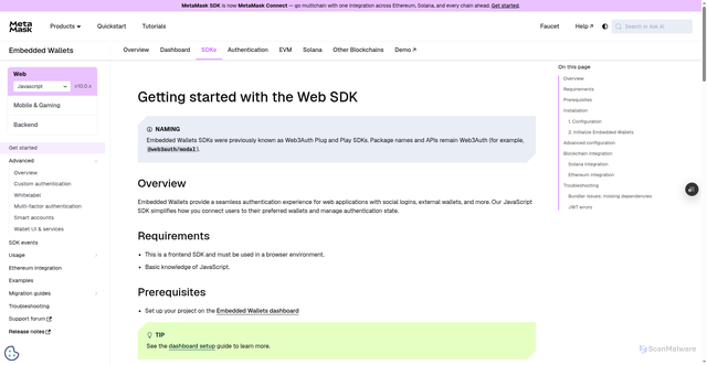 Security scan screenshot of https://metamask-docs-git-dependabot-npmandya-95394d-consensys-ddffed67.vercel.app/embedded-wallets/sdk/js