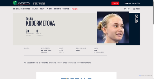Security scan screenshot of https://internazionalibnlditalia.com/en/players/kudermetova-polina