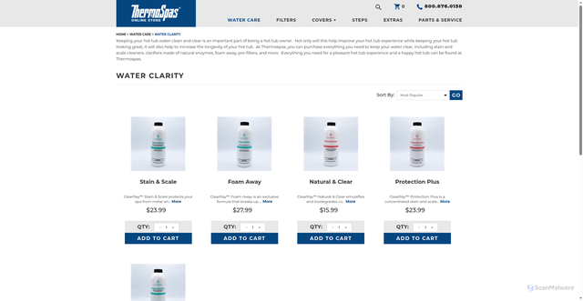 Security scan screenshot of https://online.thermospas.com/Water-Clarity-s/29.htm