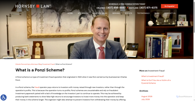 Security scan screenshot of https://www.hornsbylawgroup.com/what-is-a-ponzi-scheme/