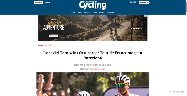 Security scan screenshot of https://cyclingmagazine.ca/sections/feature/isaac-del-toro-wins-first-career-tour-de-france-stage-in-barcelona/