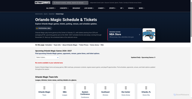 Security scan screenshot of https://detroit-mi.events/sports/orlando-magic/