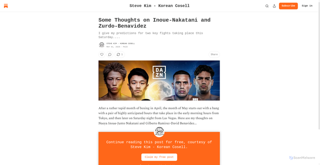 Security scan screenshot of https://stevekimboxing.substack.com/p/some-thoughts-on-inoue-nakatani-and