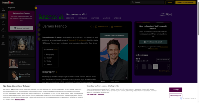 Security scan screenshot of https://wolfverse.fandom.com/wiki/James_Franco