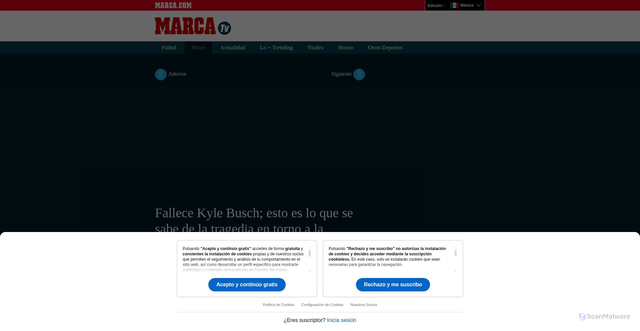 Security scan screenshot of https://videosmx.marca.com/v/xaar6uy-fallece-kyle-busch-esto-es-lo-que-se-sabe-de-la-tragedia-en-torno-a-la-leyenda-de-nascar