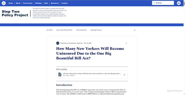 Security scan screenshot of https://www.steptwopolicy.org/post/how-many-new-yorkers-will-become-uninsured-due-to-the-one-big-beautiful-bill-act
