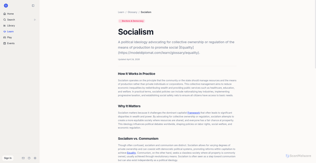 Security scan screenshot of https://modeldiplomat.com/learn/glossary/socialism