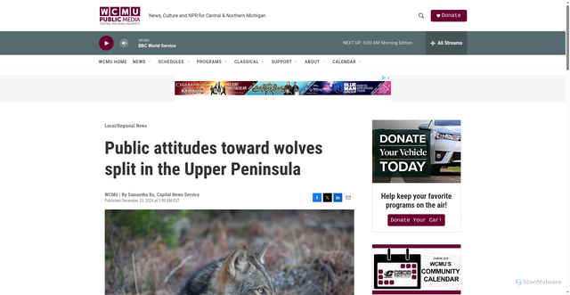 Security scan screenshot of https://radio.wcmu.org/local-regional-news/2025-12-23/public-attitudes-toward-wolves-split-in-the-upper-peninsula