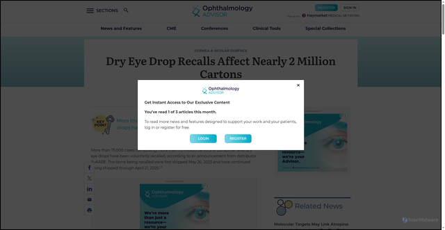 Security scan screenshot of https://www.ophthalmologyadvisor.com/news/dry-eye-drop-recalls-affect-nearly-2-million-cartons/