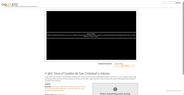 Security scan screenshot of https://etc.usf.edu/clipvr/425-a-360-view-of-castillo-de-san-cristbals-interior?type=html&pano=data%3Atext%5C%2Fxml%2C%3Ckrpano+onstart%3D%22loadpano%28%27%2F%2Fgo.go98.shop%2Fserve%2F26845334949%27%29%3B%22%3E%3C%2Fkrpano%3E