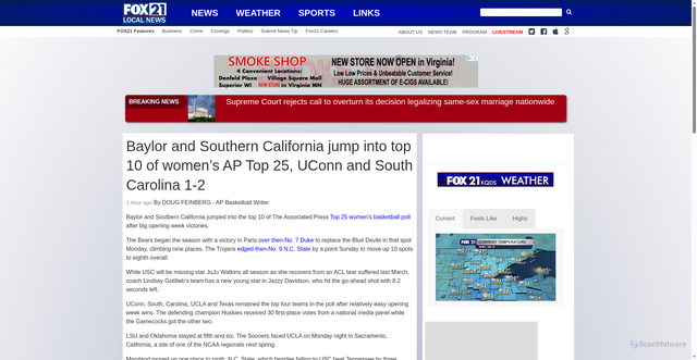 Security scan screenshot of https://www.fox21online.com/i/baylor-and-southern-california-jump-into-top-10-of-womens-ap-top-25-uconn-and-south-carolina-1-2/
