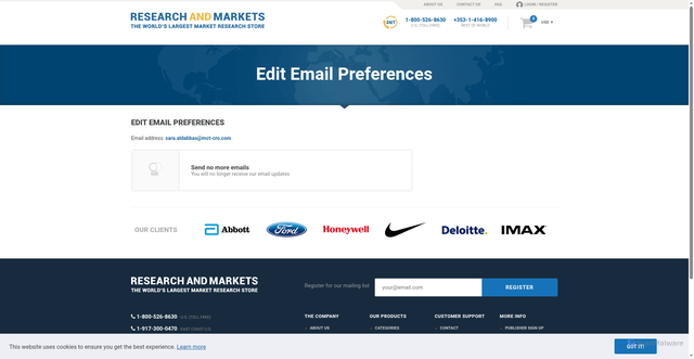 Security scan screenshot of https://www.researchandmarkets.com/unsubscribe?rmtoken=nzri5ewtu