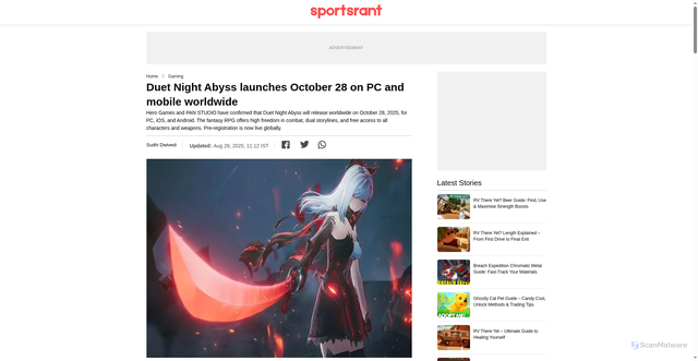 Security scan screenshot of https://sportsrant.indiatimes.com/gaming/duet-night-abyss-launches-october-28-on-pc-and-mobile-worldwide-668131.html