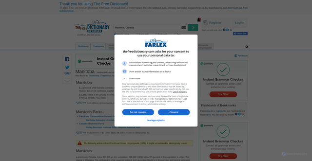 Security scan screenshot of https://encyclopedia2.thefreedictionary.com/Manitoba%2C+Canada