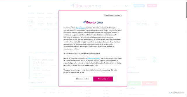 Security scan screenshot of https://www.boursorama.com/bourse/trackers/cours/TQQQ/