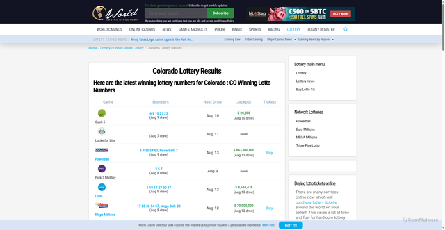 Security scan screenshot of https://www.worldcasinodirectory.com/colorado/lottery