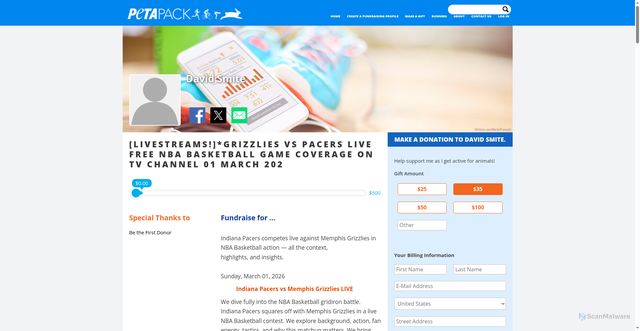 Security scan screenshot of https://petapack.peta.org/283/peta-pack/226387/livestreamsgrizzlies-vs-pacers-live-free-nba-basketball-game-coverage-on-tv-channel-01-march-2026