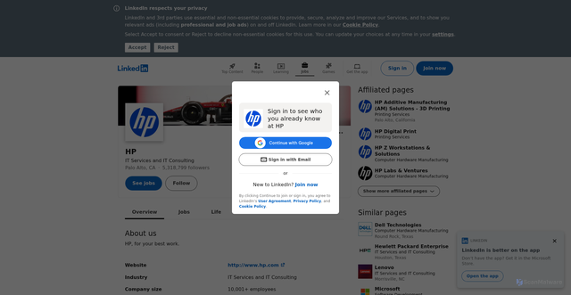 Security scan screenshot of https://www.linkedin.com/company/hp/?jumpid=em_SE_SV_BSL_SE_4710321_20261023&utm_medium=email&utm_source=BSL&utm_campaign=SE_4710321_20261023&utm_id=pixel_email_for_all_countries&utm_content=CONS
