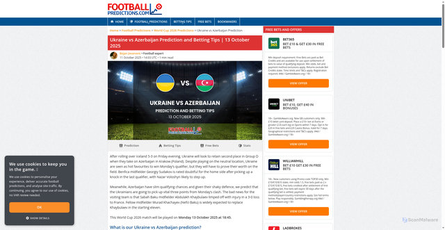 Security scan screenshot of https://footballpredictions.com/footballpredictions/world-cup-predictions/ukraine-vs-azerbaijan-prediction-13-10-2025/