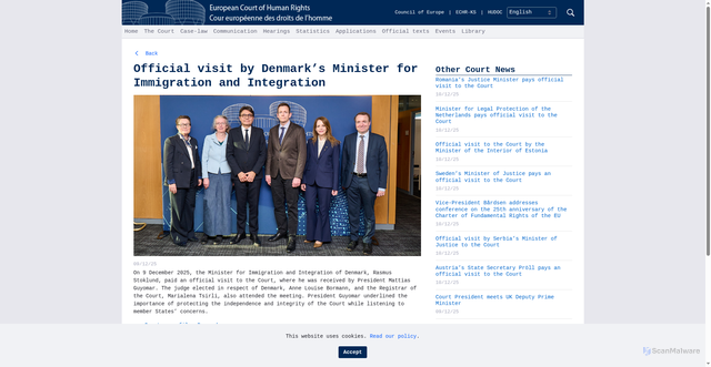 Security scan screenshot of https://www.echr.coe.int/w/official-visit-by-denmark-s-minister-for-immigration-and-integration