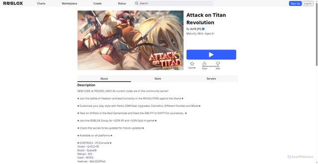 Security scan screenshot of https://www.roblox.com/games/13379208636/Attack-on-Titan-Revolution