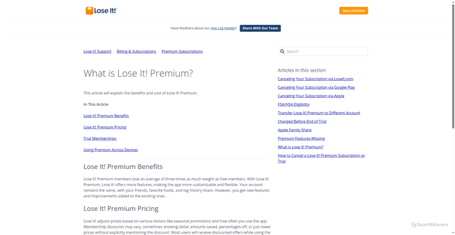 Security scan screenshot of https://help.loseit.com/hc/en-us/articles/27543644337563-What-is-Lose-It-Premium