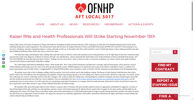 Security scan screenshot of https://ofnhp.aft.org/news/kaiser-rns-and-health-professionals-will-strike-starting-november-15th