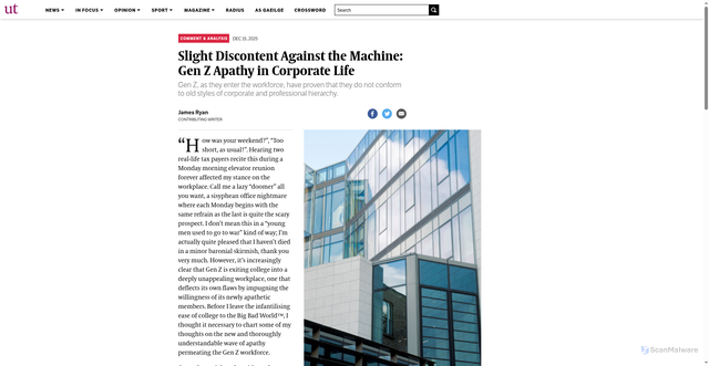 Security scan screenshot of https://universitytimes.ie/2025/12/slight-discontent-against-the-machine-gen-z-apathy-in-corporate-life/