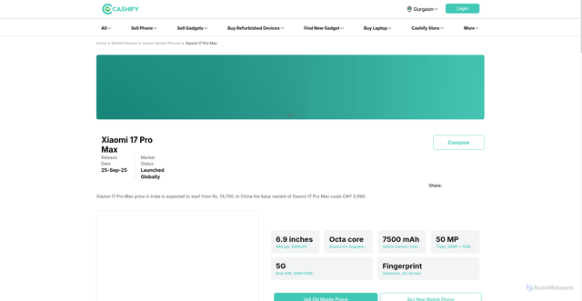 Security scan screenshot of https://www.cashify.in/xiaomi-17-pro-max-price-in-india