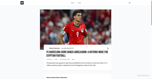 Security scan screenshot of https://dsifootball.live/news/fc-barcelona-signs-hamza-abdelkarim-a-historic-move-for-egyptian-football
