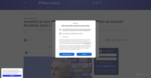 Security scan screenshot of https://www.folhavitoria.com.br/esportes/ancelotti-ja-tem-data-para-a-primeira-convocacao-da-selecao-brasileira-apos-a-copa-do-mundo/