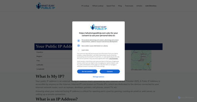 Security scan screenshot of https://whatismypublicip.com