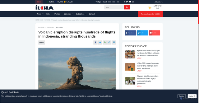 Security scan screenshot of https://www.ilkha.com/english/world/volcanic-eruption-disrupts-hundreds-of-flights-in-indonesia-stranding-thousands-560201