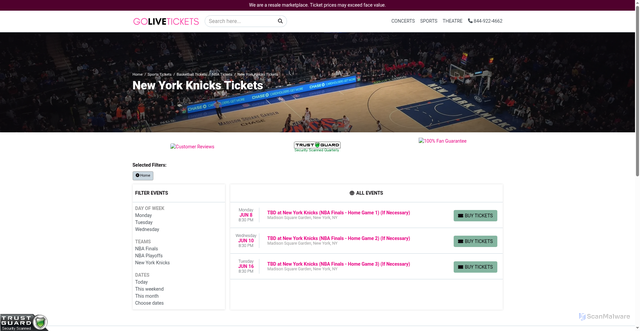Security scan screenshot of https://golivetickets.com/performer/new-york-knicks-tickets