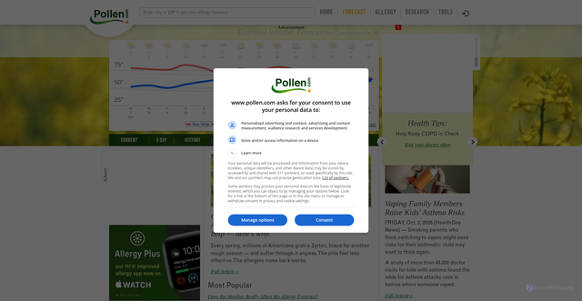 Security scan screenshot of https://www.pollen.com/forecast/extended/weather/47936
