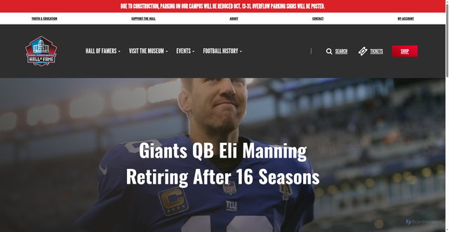 Security scan screenshot of https://www.profootballhof.com/news/2020/01/giants-qb-eli-manning-retiring-after-16-seasons/
