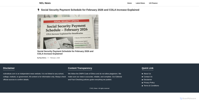 Security scan screenshot of https://nclinstitute.com/tag/social-security-payment-schedule-for-february-2026-and-cola-increase-explained/