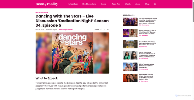 Security scan screenshot of https://tasteofreality.com/dancing-with-the-stars-live-discussion-dedication-night-season-34-episode-5/