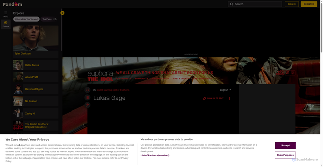 Security scan screenshot of https://euphoria.fandom.com/wiki/Lukas_Gage