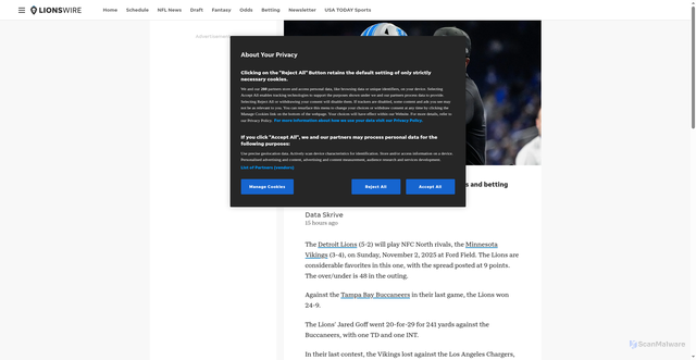 Security scan screenshot of https://lionswire.usatoday.com/story/sports/nfl/lions/2025/11/01/nfl-week-9-lions-vs-vikings-betting-odds-tips-trends-11-2-2025/87040685007/