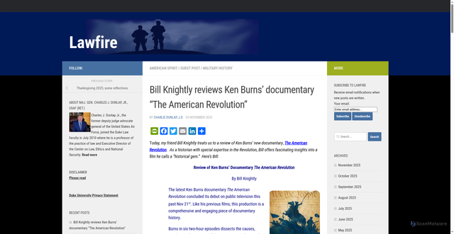 Security scan screenshot of https://sites.duke.edu/lawfire/2025/11/28/bill-knightly-reviews-ken-burns-documentary-the-american-revolution/