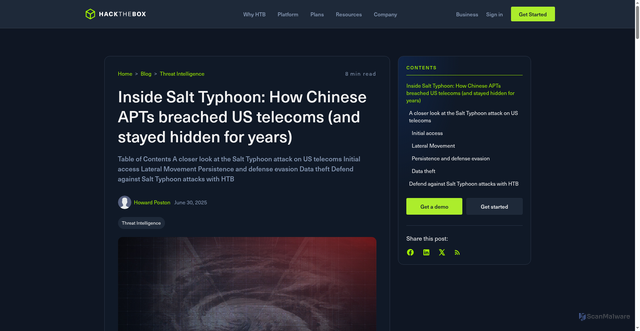 Security scan screenshot of https://www.hackthebox.com/blog/salt-typhoon-apt-us-telecom-espionage-attack-analysis