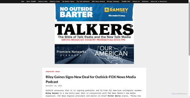 Security scan screenshot of https://talkers.com/2025/12/18/riley-gaines-signs-new-deal-for-outkick-fox-news-media-podcast/