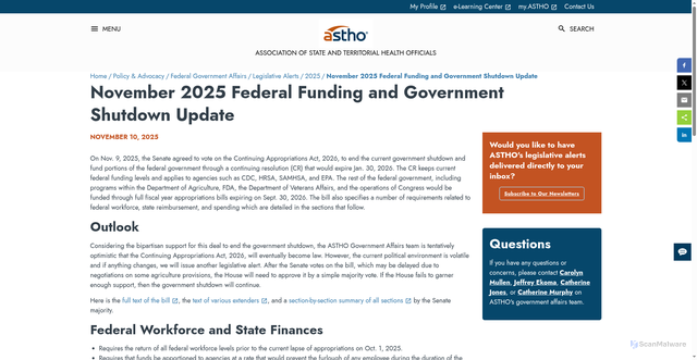 Security scan screenshot of https://www.astho.org/advocacy/federal-government-affairs/leg-alerts/2025/november-federal-funding-update/
