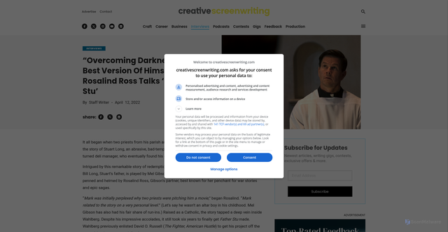 Security scan screenshot of https://www.creativescreenwriting.com/overcoming-darkness-to-the-best-version-of-himself-rosalind-ross-talks-father-stu